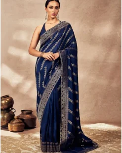 Navy Blue Jacquard Sari Set