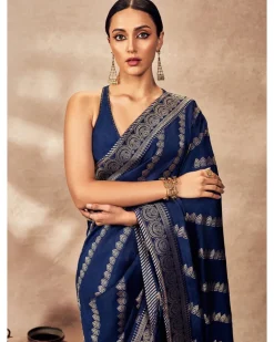 Navy Blue Jacquard Sari Set
