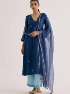 Navy Blue Kota Dori Embroidered Kurta Set