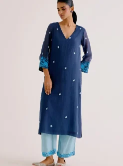 Navy Blue Kota Dori Embroidered Kurta Set