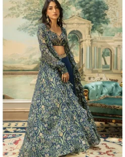 Navy Blue Printed Drama Jacket Set