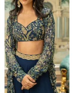 Navy Blue Printed Drama Jacket Set