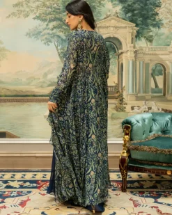 Navy Blue Printed Drama Jacket Set