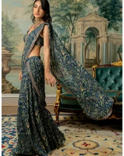 Navy Blue Printed Pre-Stitch Sari Set