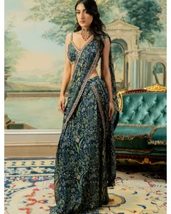 Navy Blue Printed Pre-Stitch Sari Set
