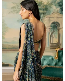 Navy Blue Printed Pre-Stitch Sari Set
