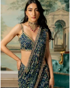 Navy Blue Printed Pre-Stitch Sari Set