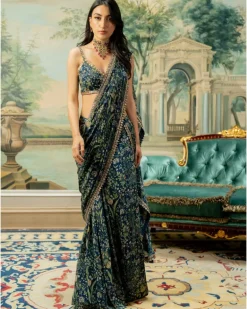Navy Blue Printed Pre-Stitch Sari Set