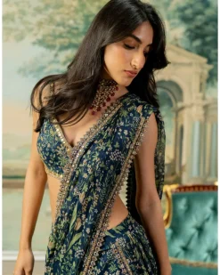 Navy Blue Printed Pre-Stitch Sari Set