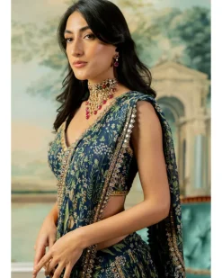Navy Blue Printed Pre-Stitch Sari Set