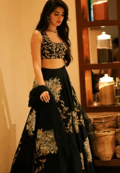 Navy Blue Silk Chanderi Hand-Painted Lehenga Set