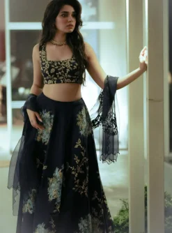 Navy Blue Silk Chanderi Hand-Painted Lehenga Set