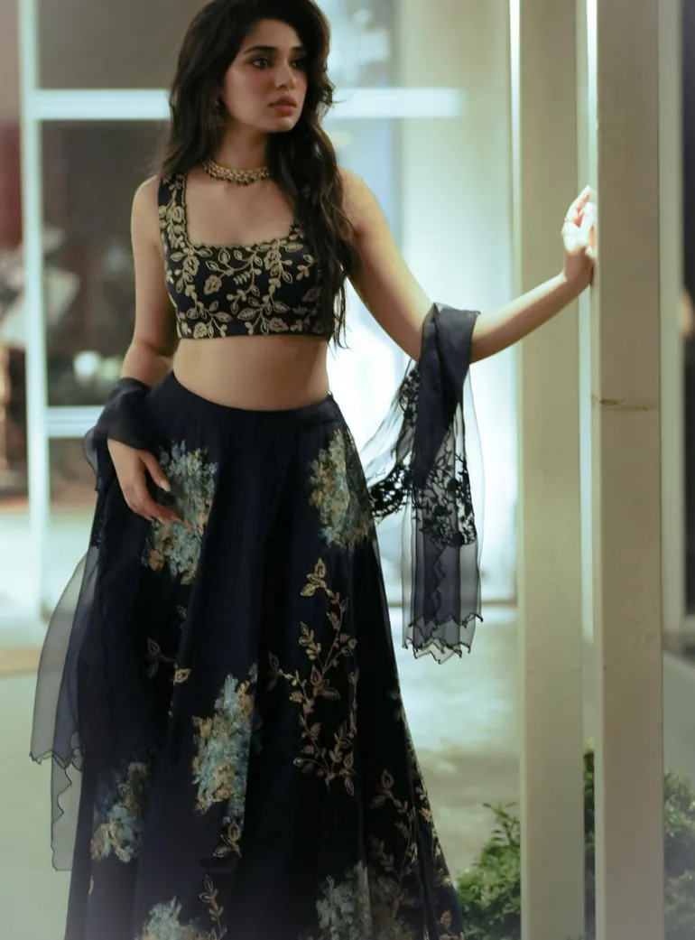 Navy Blue Silk Chanderi Hand-Painted Lehenga Set