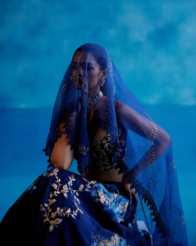 Navy Blue Silk Chanderi Hand-Painted Lehenga Set