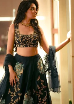 Navy Blue Silk Chanderi Hand-Painted Lehenga Set