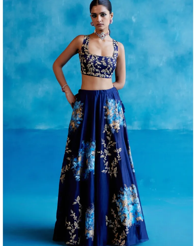 Navy Blue Silk Chanderi Hand-Painted Lehenga Set