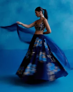 Navy Blue Silk Chanderi Hand-Painted Lehenga Set