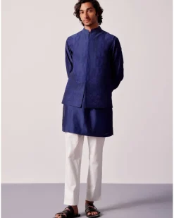 Navy Blue Silk Chanderi Kurta And Embroidered Bandi Set
