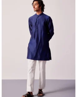 Navy Blue Silk Chanderi Kurta And Embroidered Bandi Set