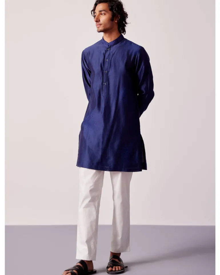 Navy Blue Silk Chanderi Kurta And Embroidered Bandi Set