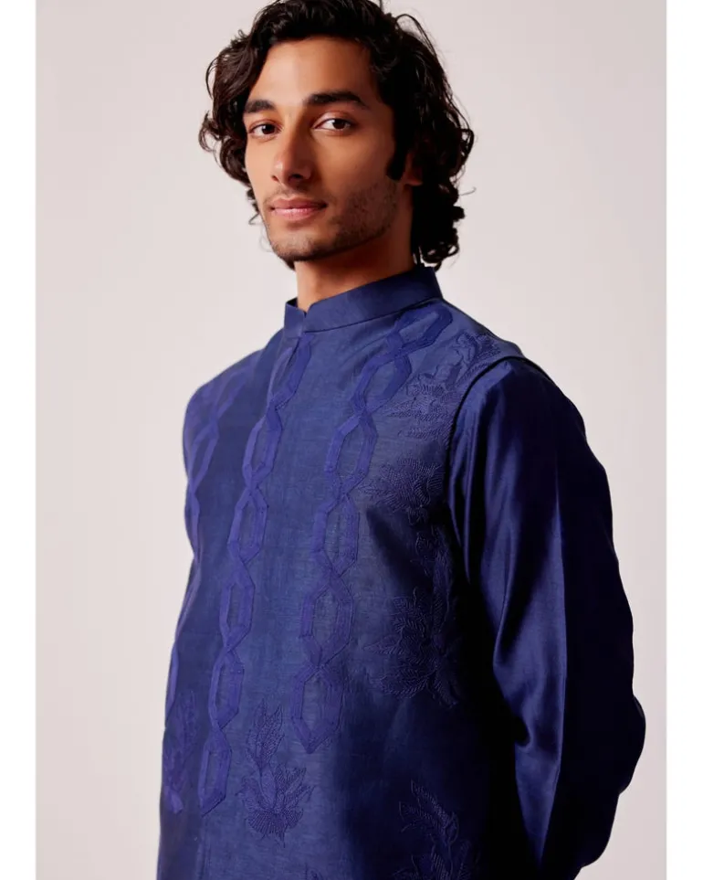 Navy Blue Silk Chanderi Kurta And Embroidered Bandi Set