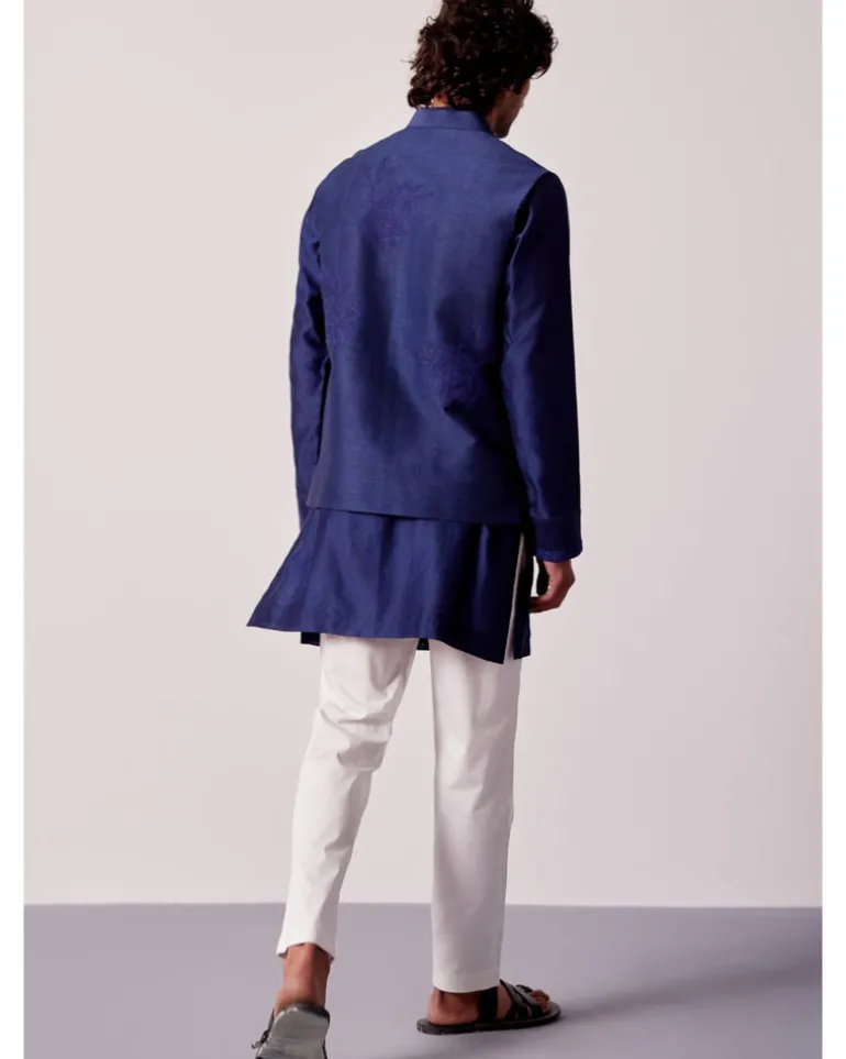 Navy Blue Silk Chanderi Kurta And Embroidered Bandi Set
