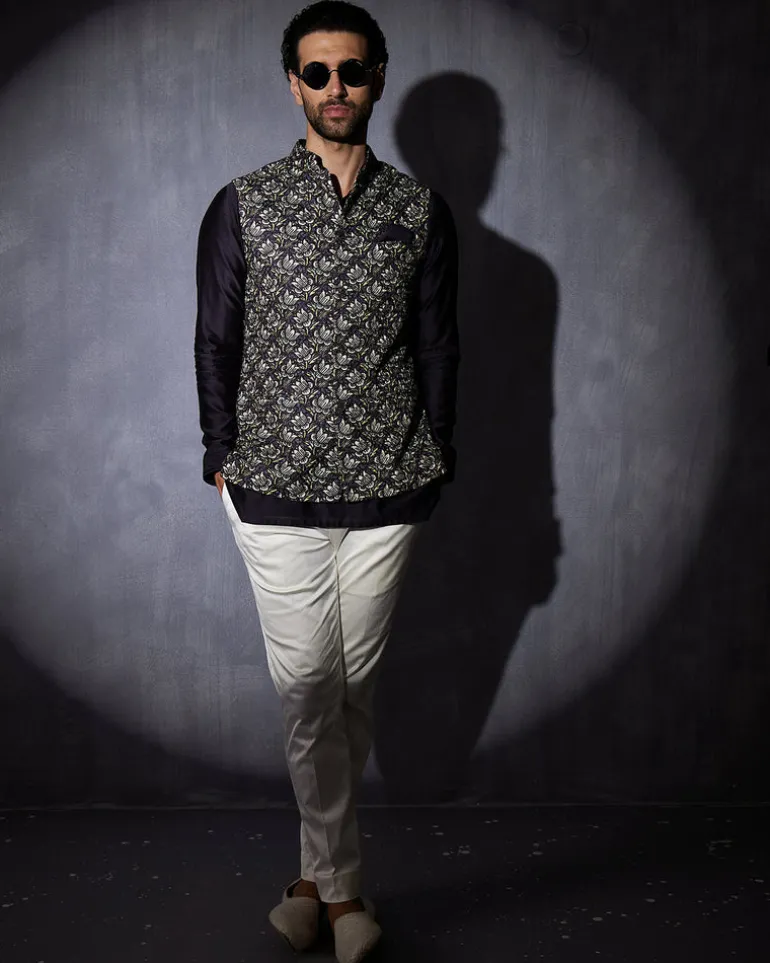 Navy Blue Tropical Kurta Set