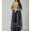 Navy Embroidered Back Tie-Up Choli With Sharara And Dupatta Set