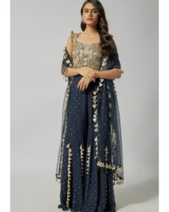 Navy Embroidered Back Tie-Up Choli With Sharara And Dupatta Set