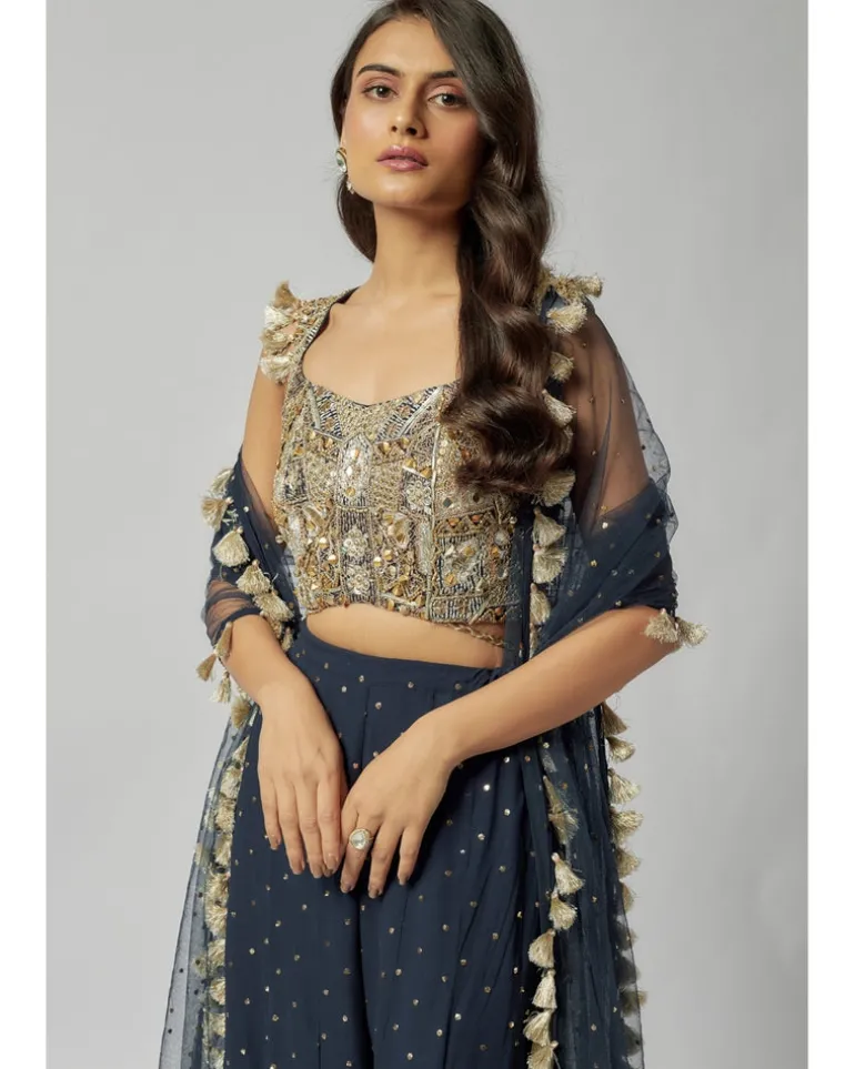 Navy Embroidered Back Tie-Up Choli With Sharara And Dupatta Set