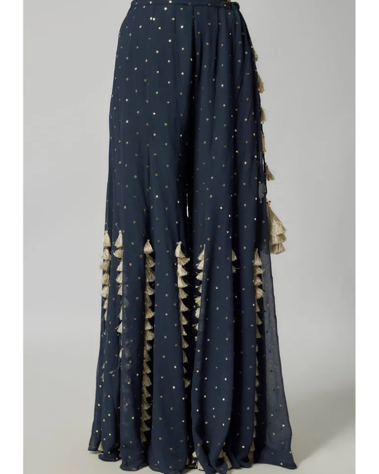 Navy Embroidered Back Tie-Up Choli With Sharara And Dupatta Set