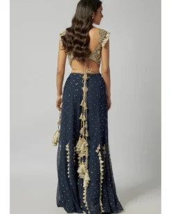 Navy Embroidered Back Tie-Up Choli With Sharara And Dupatta Set