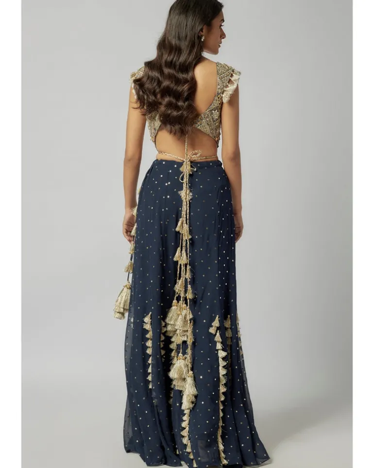 Navy Embroidered Back Tie-Up Choli With Sharara And Dupatta Set