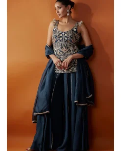 Navy Embroidered Kurta And Sharara Set