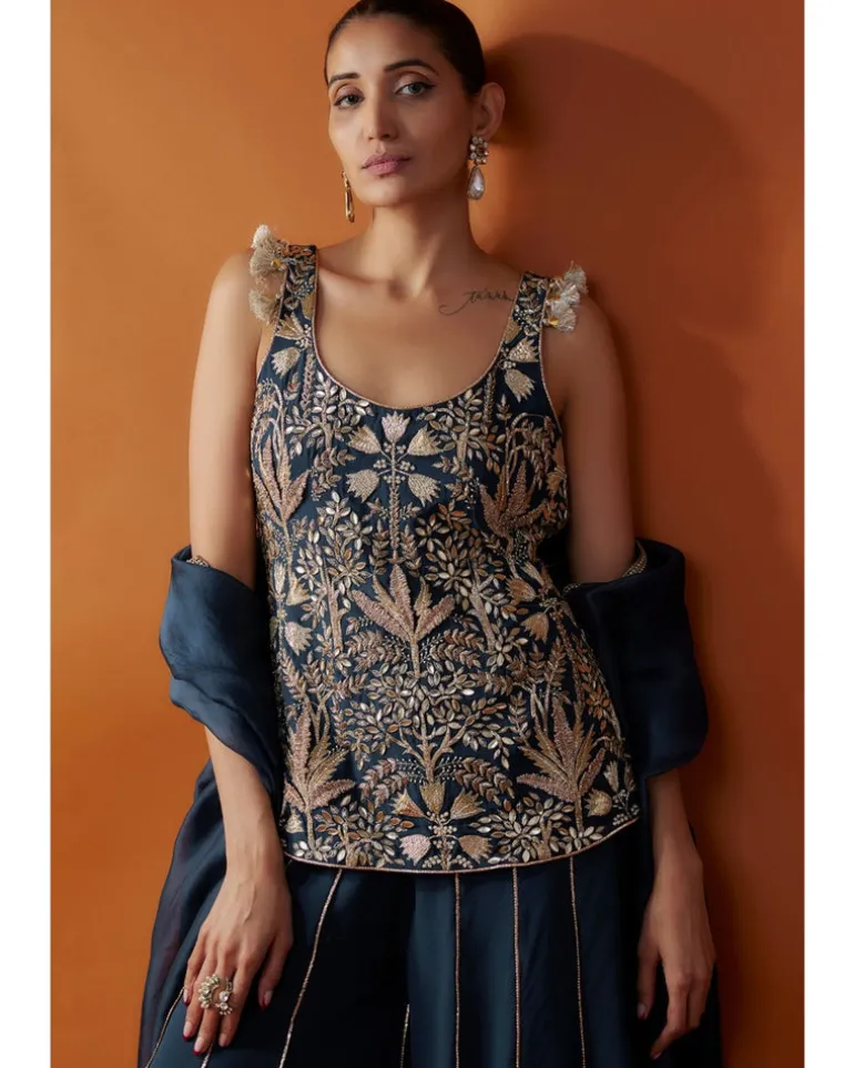 Navy Embroidered Kurta And Sharara Set