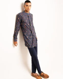 Navy Flora Side Slit Kurta Pyjama Set