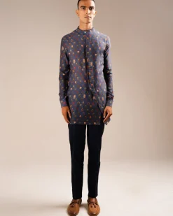 Navy Flora Side Slit Kurta Pyjama Set