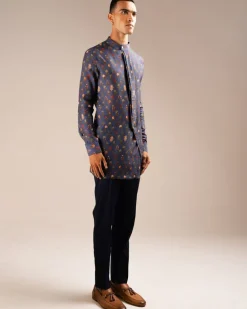 Navy Flora Side Slit Kurta Pyjama Set