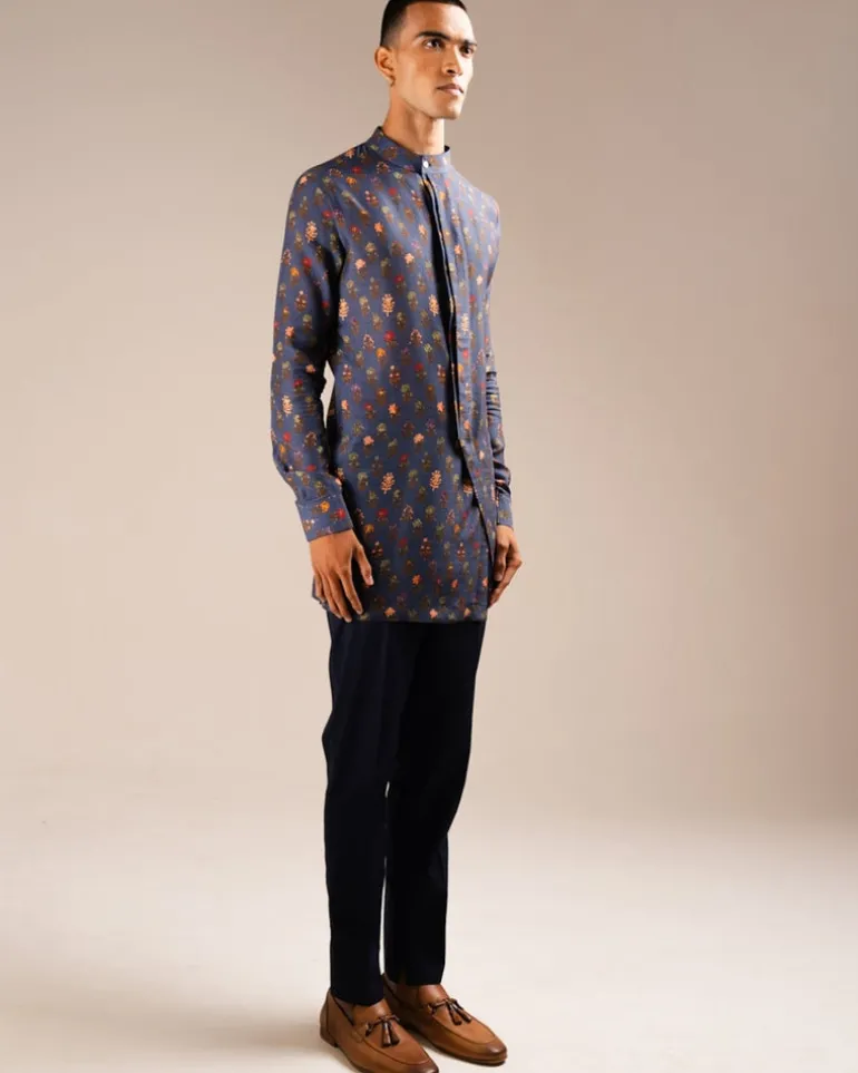 Navy Flora Side Slit Kurta Pyjama Set