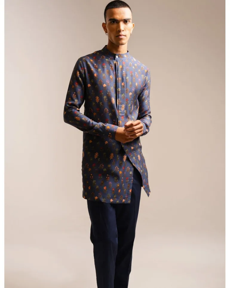 Navy Flora Side Slit Kurta Pyjama Set