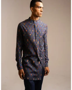 Navy Flora Side Slit Kurta Pyjama Set