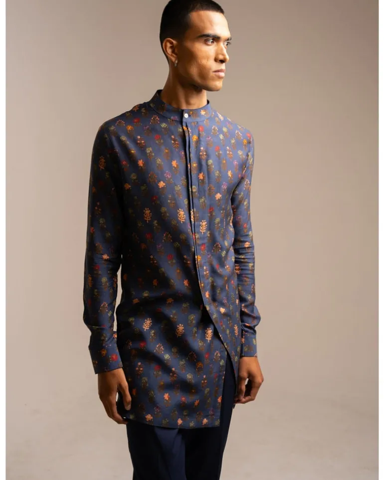 Navy Flora Side Slit Kurta Pyjama Set