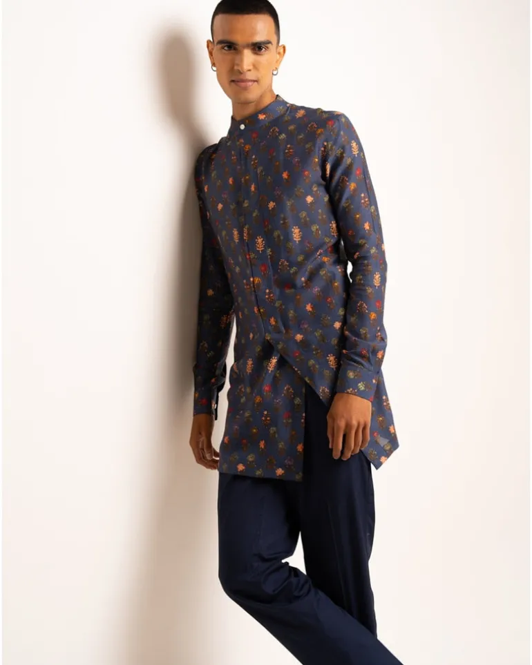 Navy Flora Side Slit Kurta Pyjama Set