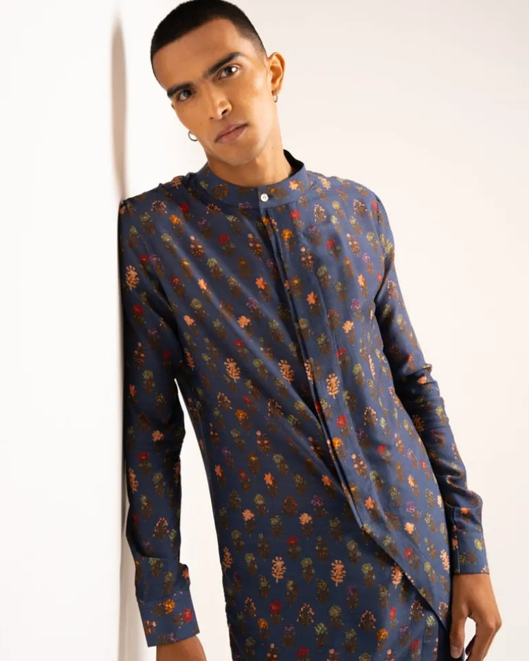Navy Flora Side Slit Kurta Pyjama Set