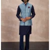 Navy Plain Chanderi Silk Straight Kurta Set