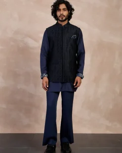 Navy Plain Chanderi Silk Kurta Shirt Set