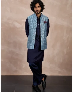 Navy Plain Chanderi Silk Straight Kurta Set