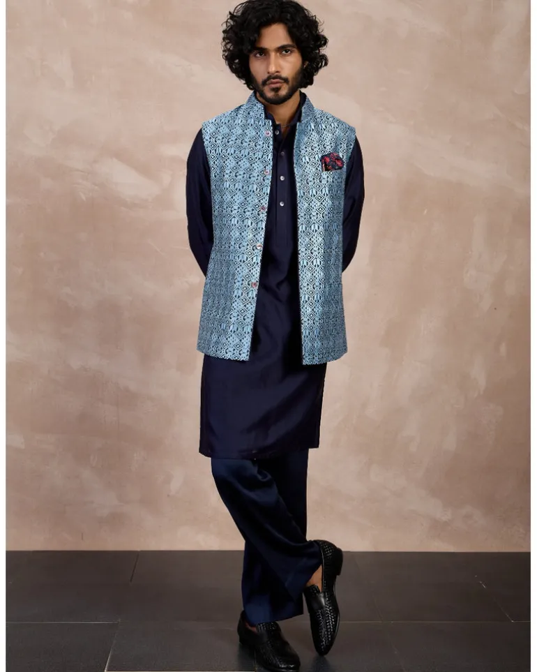 Navy Plain Chanderi Silk Straight Kurta Set