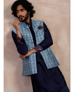 Navy Plain Chanderi Silk Straight Kurta Set