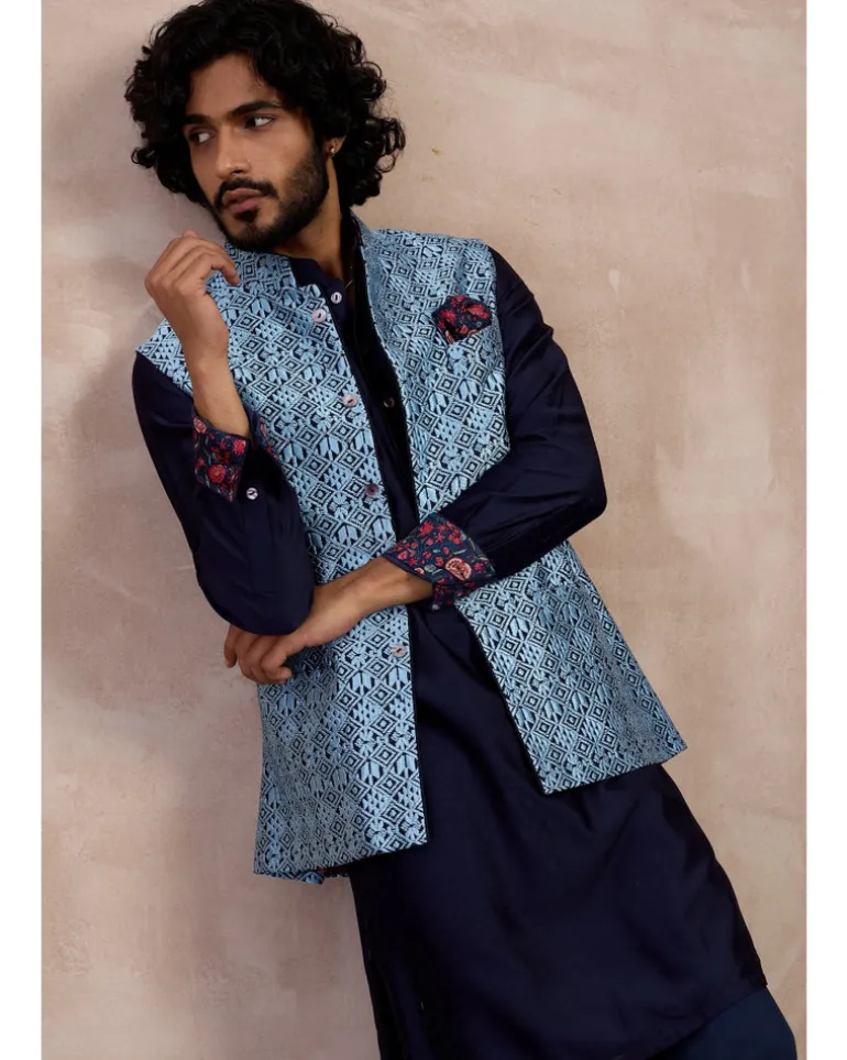 Navy Plain Chanderi Silk Straight Kurta Set